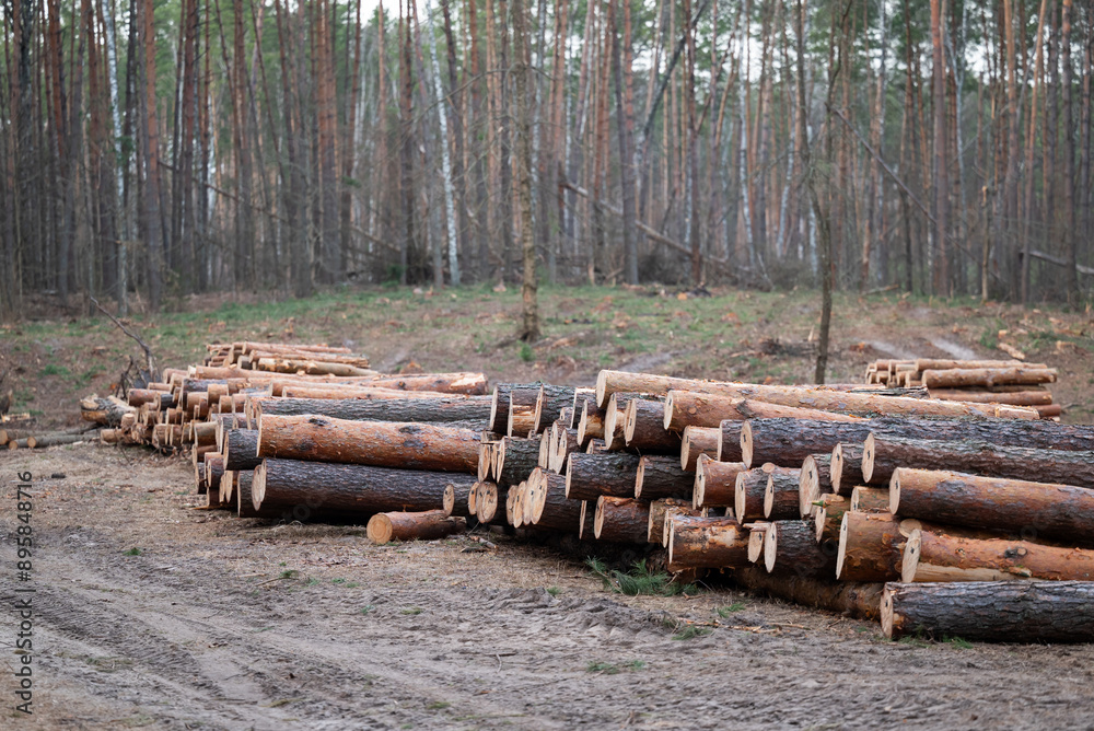 Heaps of stacked trunks of cut pine trees in the forest. Planned tree harvesting, forestry, prepare wood for cold season to heat buildings Heaps of stacked trunks of cut pine trees in the forest. Planned tree harvesting, forestry, prepare wood for cold season to heat buildings