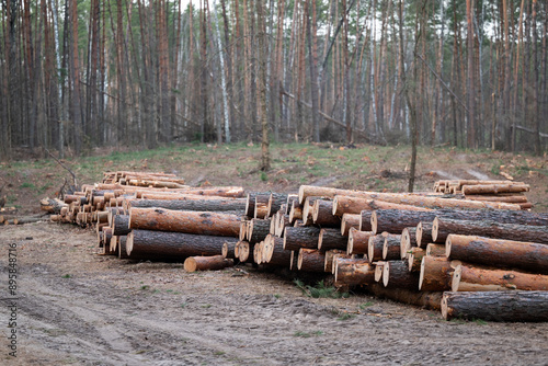 Heaps of stacked trunks of cut pine trees in the forest. Planned tree harvesting, forestry, prepare wood for cold season to heat buildings