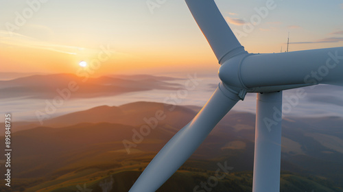 wind turbine with blades against the background of foggy valley at sunrise photo