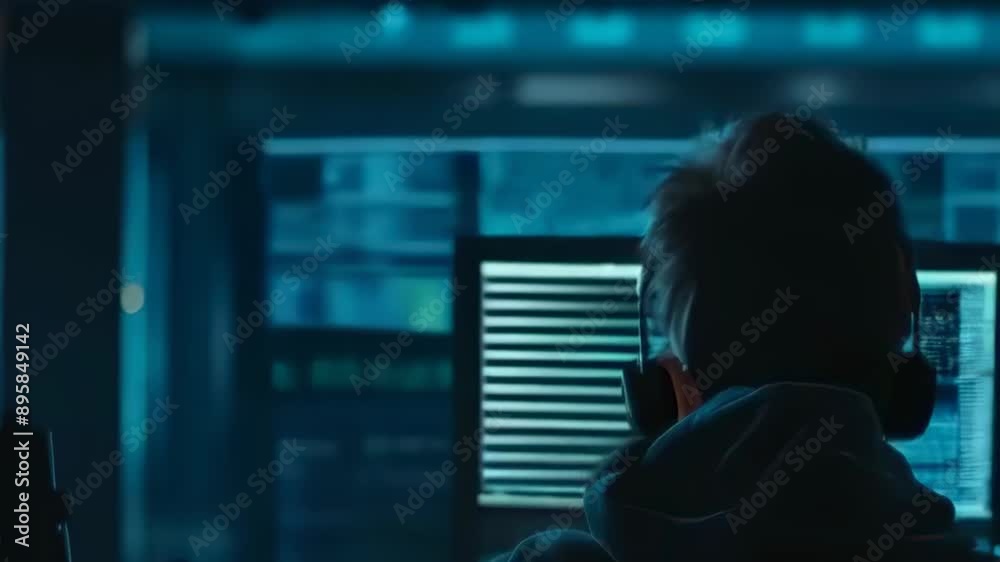 A young caucasian man wearing headphones sits in a dark room, working on several computer screens. The blue glow illuminates his face as he types rapidly. The scene takes place at night, suggesting a