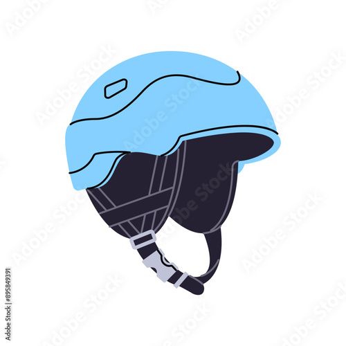 Blue helmet for snowboard, ski icon. Hard hat for alpinism, mountaineering, mountain climbing. Safety equipment for extreme sport, bicycle. Flat isolated vector illustration on white background