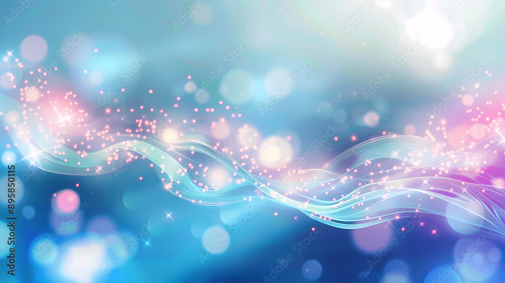 Fototapeta premium Abstract light wave with sparkling particles on a blue and pink gradient background.