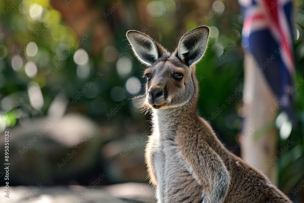 A kangaroo in its natural habitat with the Australian flag subtly positioned in the background. The photo captures the essence of Australian wildlife and offers ample space for pro A kangaroo in its natural habitat with the Australian flag subtly positioned in the background. The photo captures the essence of Australian wildlife and offers ample space for pro
