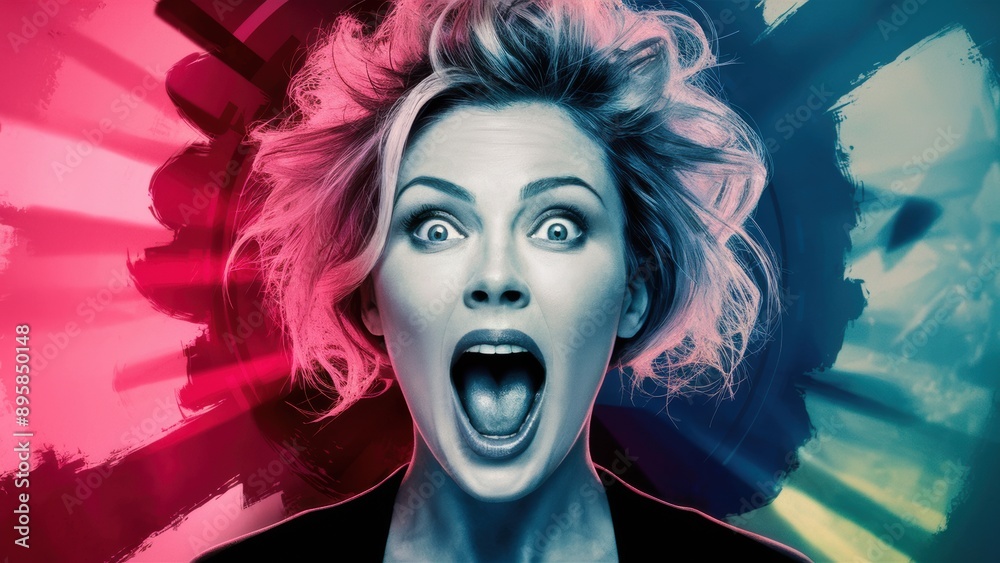 A woman with a shocked expression on her face in front of colorful background, AI A woman with a shocked expression on her face in front of colorful background, AI