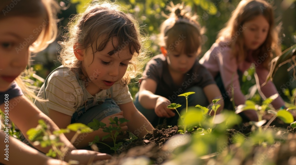 Children gardening in a sunny garden. Young kids enjoying outdoor activities. Happy childhood moments in nature, bonding with friends and learning. Children gardening in a sunny garden. Young kids enjoying outdoor activities. Happy childhood moments in nature, bonding with friends and learning.