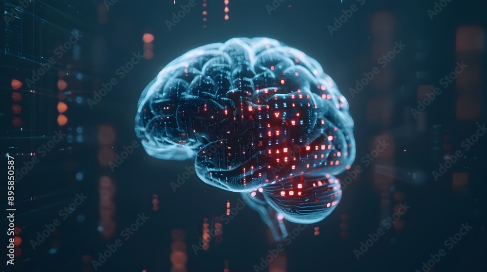 Fototapeta premium Radiant Digital Brain with Holographic Data Network and Binary Code Flow