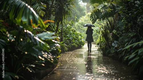 Person walking with umbrella in rainforest pathway after rainfall, surrounded by lush green foliage despite wet weather. photo