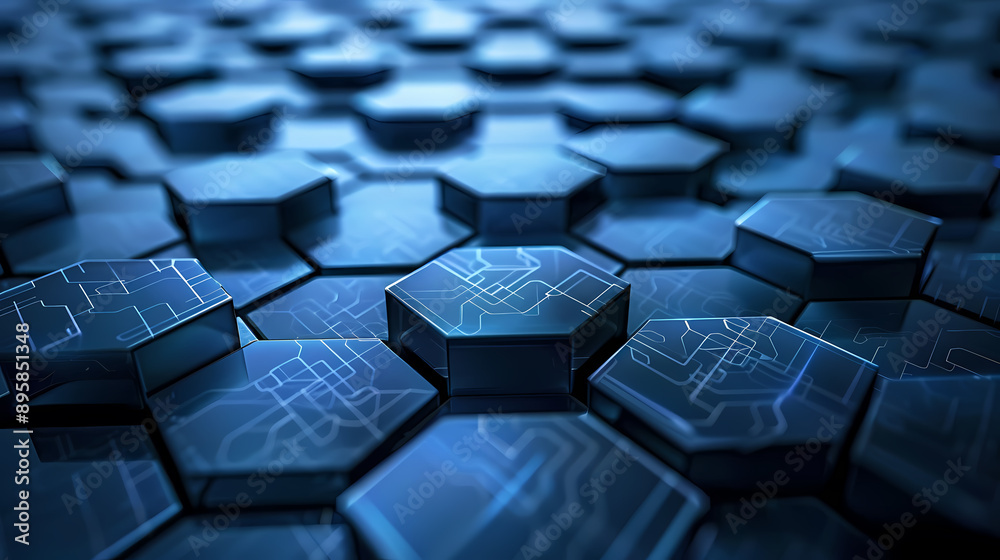 Close-up of dark blue hexagonal shapes with circuit patterns, evoking technology and innovation. Close-up of dark blue hexagonal shapes with circuit patterns, evoking technology and innovation.