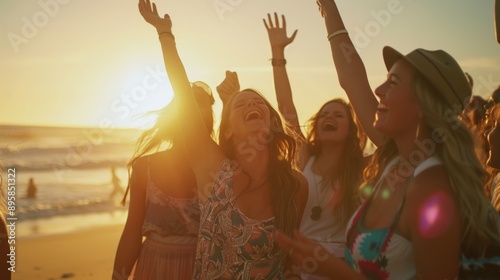 Friends celebrating summer vacation on a sunny beach. Joyful women with arms raised having fun at sunset near ocean.