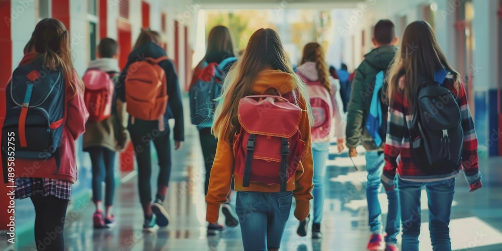 Fototapeta premium A group of students walking down a hallway with backpacks