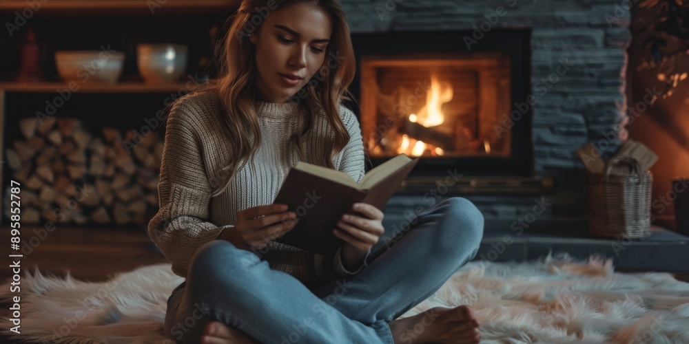 A woman is sitting on the floor reading a book A woman is sitting on the floor reading a book
