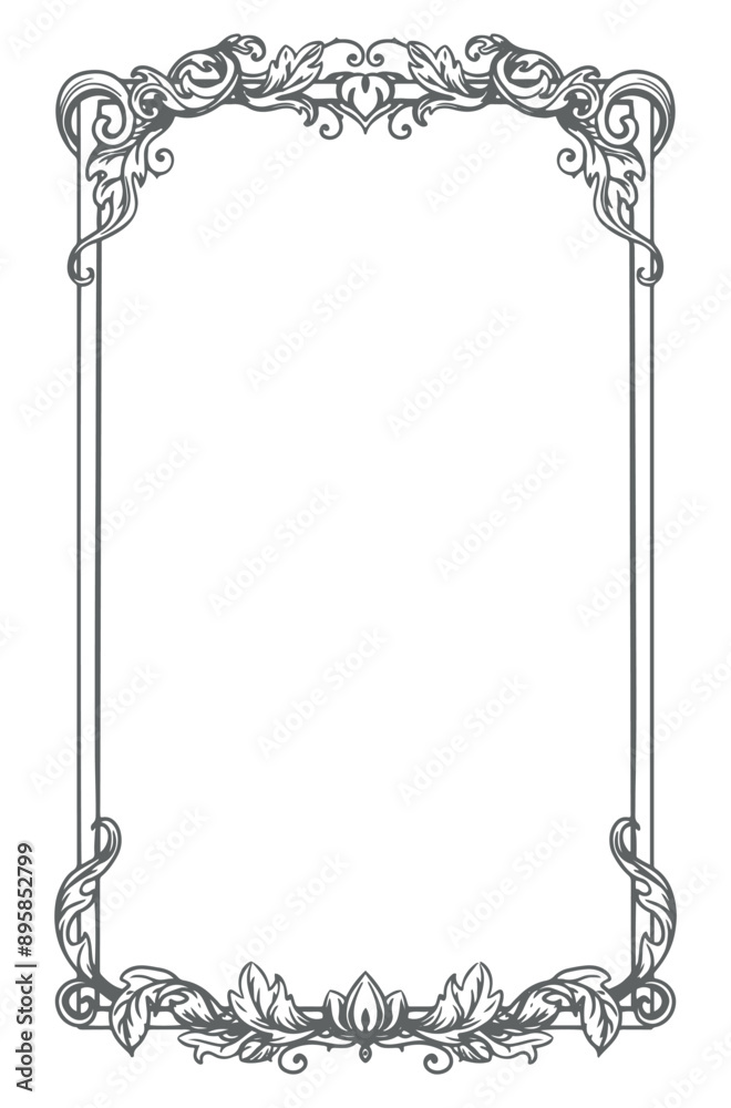 Frame border ornament. Book element, vintage ornate classic baroque pattern. Elegant label in the form of vintage filigree plant shapes. Vector empty wedding frame.