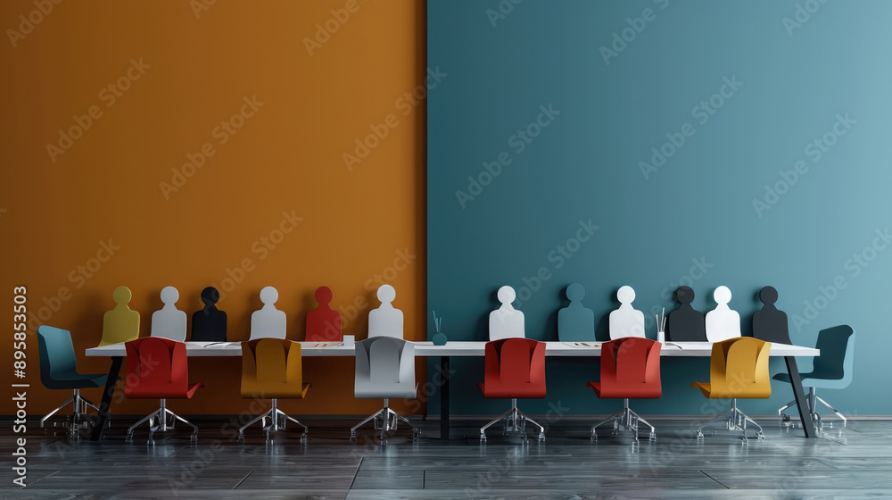 A minimalist paper art scene showing figures sitting around a long conference table with colorful chairs, set against an orange and teal background. Symbolizes teamwork, collaboration, and diversity.
