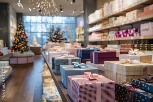 Festive Gift Shop Interior with Colorful Wrapped Presents on Display and Christmas Decorations.