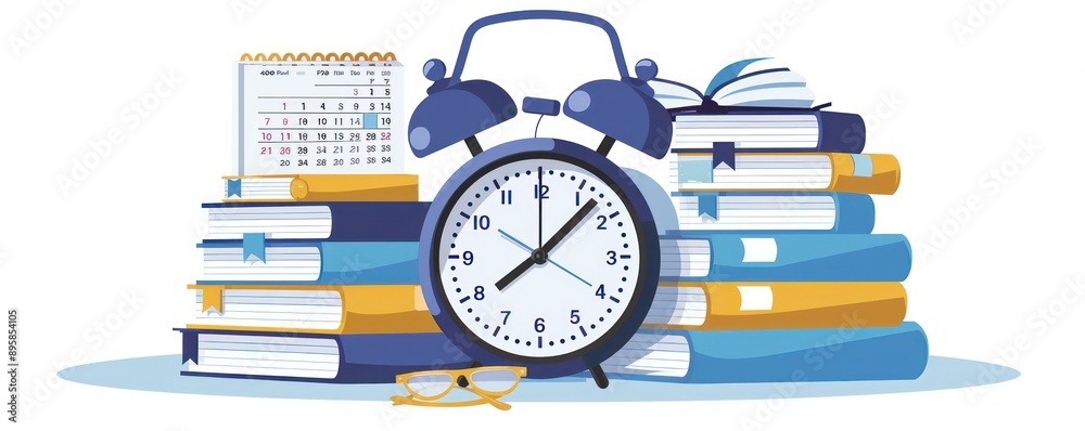 Modern web UI styled vector of a calendar, alarm clock, and books, blue hues.