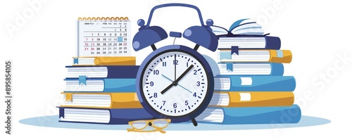 Obraz na płótnie Modern web UI styled vector of a calendar, alarm clock, and books, blue hues. w salonie
