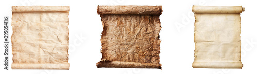 Three Vintage Parchment Scrolls Isolated on Black Background