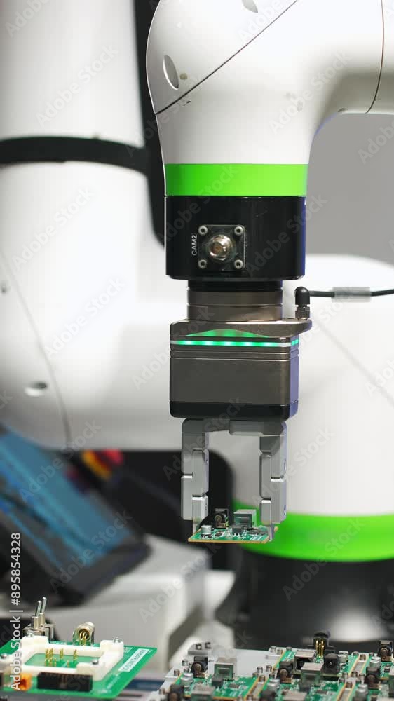 microchip and microprocessor assembly with automated robotic arm factory equipment, electronics and component installation on circuit board, vertical video 4k