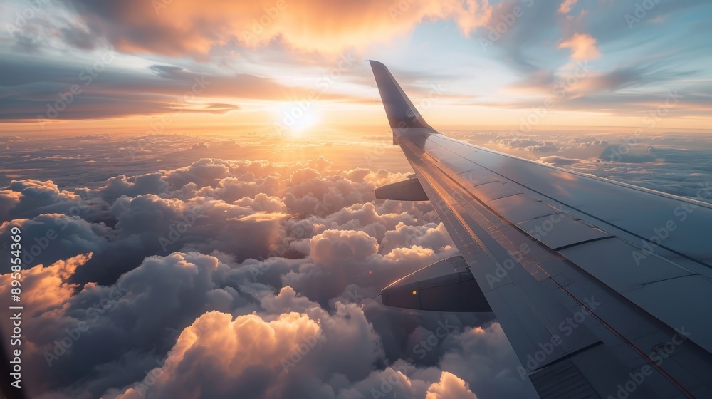Airplane wing above clouds with a beautiful sunset. High altitude travel, serene skies, clouds glowing in the sun. Breathtaking view from airplane.