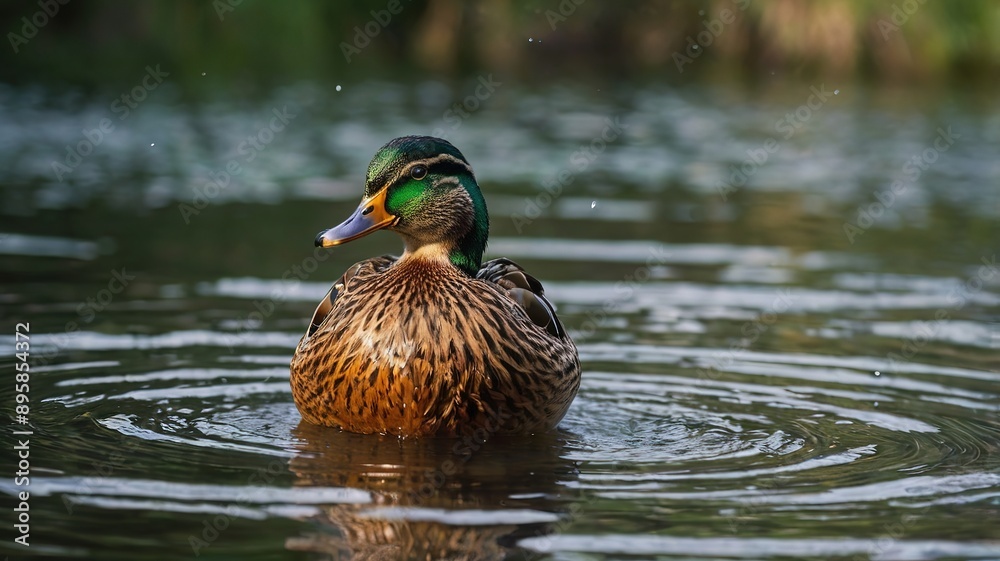 Obraz premium A duck is swimming in a pond