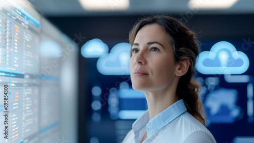 A professional female cloud computing specialist examining data on a large digital screen in a modern office.