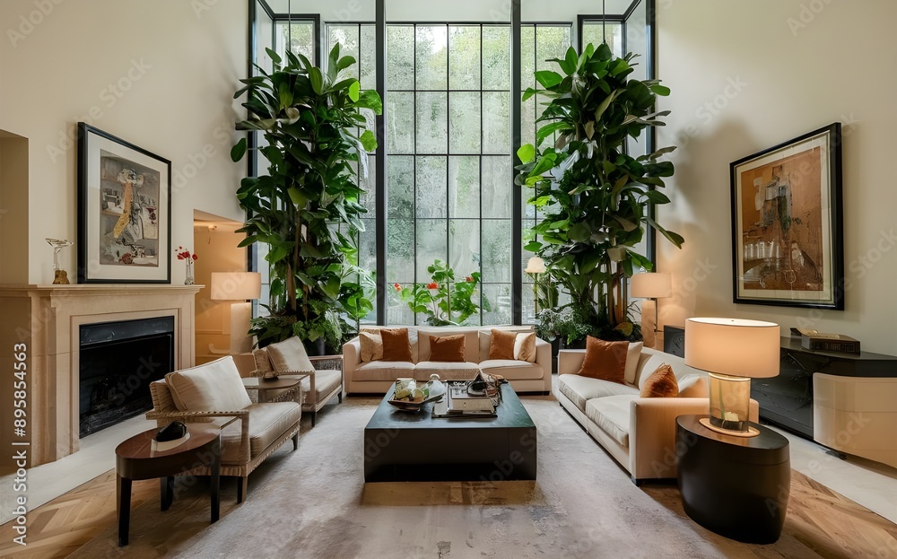 Luxurious Living Room Featuring Lush Potted Plants Luxurious Living Room Featuring Lush Potted Plants