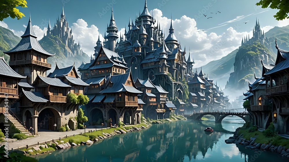 A picturesque fantasy town with a river flowing through it, a grand castle in the distance, and a bridge connecting the two sides. A picturesque fantasy town with a river flowing through it, a grand castle in the distance, and a bridge connecting the two sides.