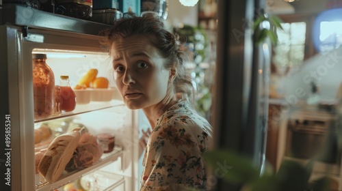 Woman is looking inside an open refrigerator. Food and drinks are on shelves. The kitchen is in the background.