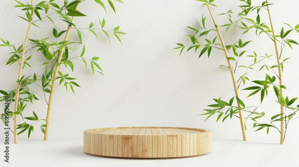 3D bamboo podium with green leaves, set against a white background for clean and natural product presentations 3D bamboo podium with green leaves, set against a white background for clean and natural product presentations