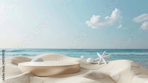 3D beach podium with sand and sea backdrop, perfect for summer product displays and holiday promotions