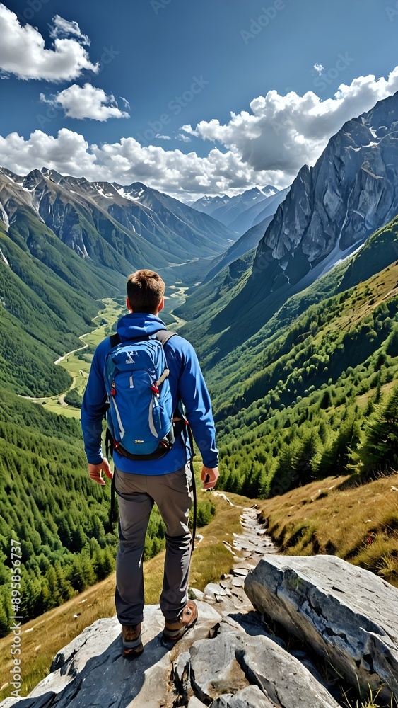 A hiker stands on a rocky ridge, looking out over a vast valley. A hiker stands on a rocky ridge, looking out over a vast valley.