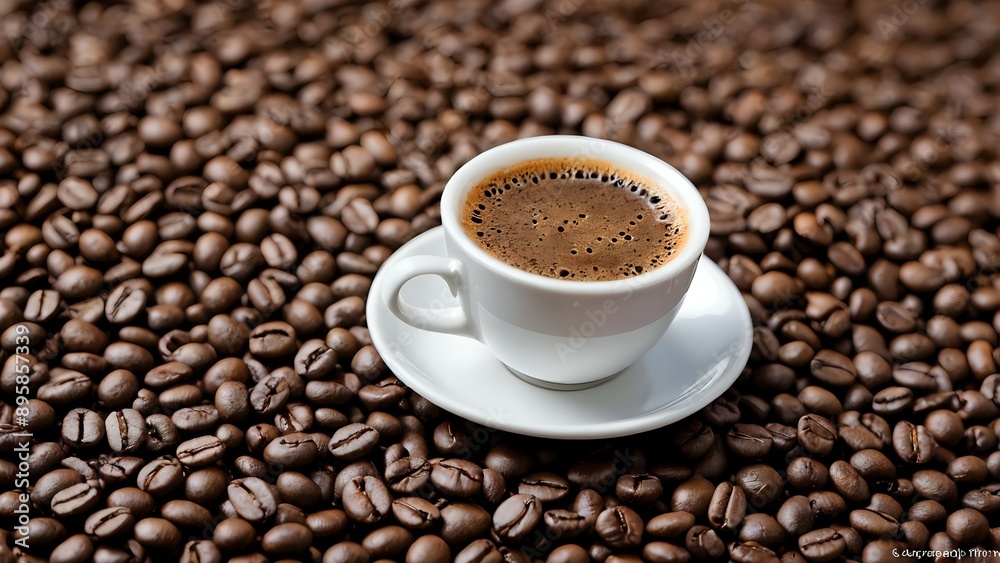 A close-up of a cup of coffee on a bed of roasted coffee beans. A close-up of a cup of coffee on a bed of roasted coffee beans.