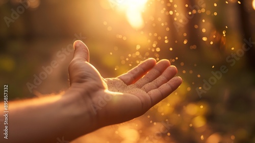 Golden Hour's Gentle Touch: A hand reaches out to feel the warmth and magic of golden hour as sunlight filters through a lush forest canopy, creating a mesmerizing bokeh of light and water droplets.  photo