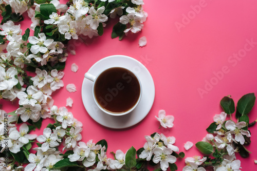 A cup of tea stands on a pink background surrounded by white flowers of an apple tree. The concept of spring tea and medicinal decoctions. Top view.