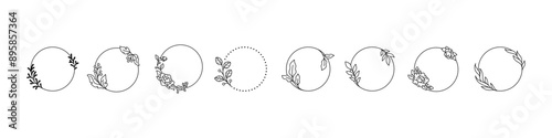 Herb round frame. Flower in circle logo. Minimal floral ring branch. Botanical element minimalist line design.
