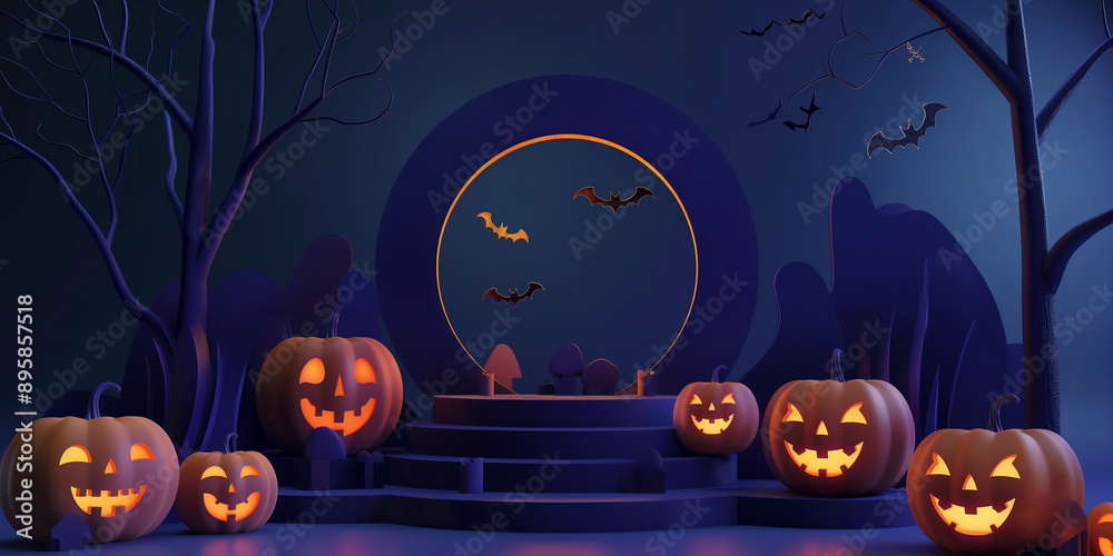 Fototapeta premium Halloween podium background product 3D. Halloween winter banner stand