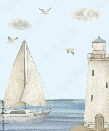 Obraz Watercolor print with ship, lighthouse, ocean and seagulls. Nautical seascape on white background