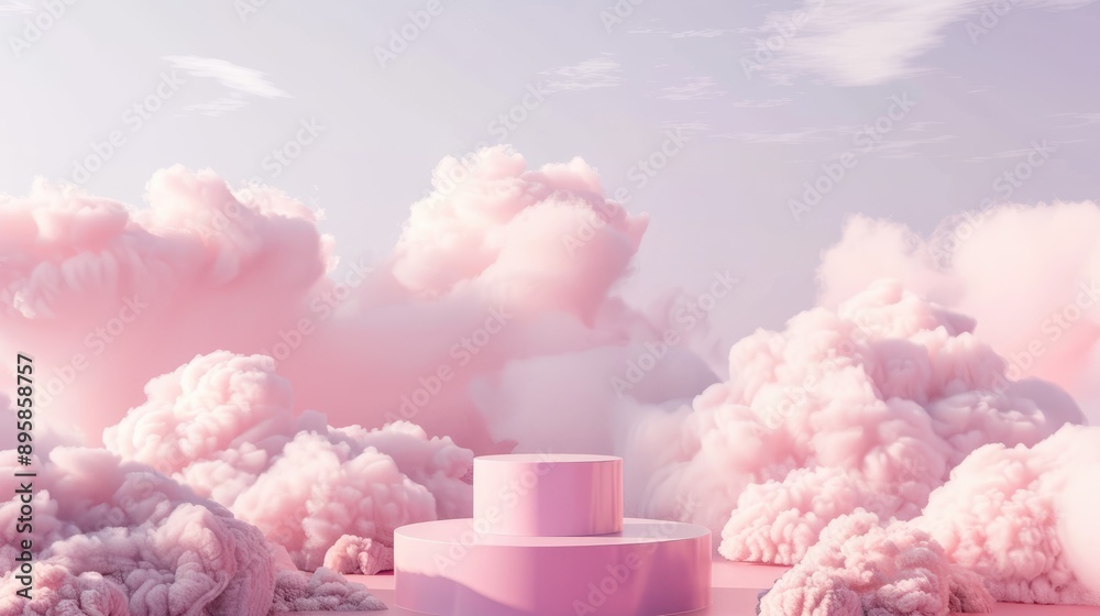 3D pink podium with pastel clouds, perfect for creating a soft and dreamy product display background 3D pink podium with pastel clouds, perfect for creating a soft and dreamy product display background