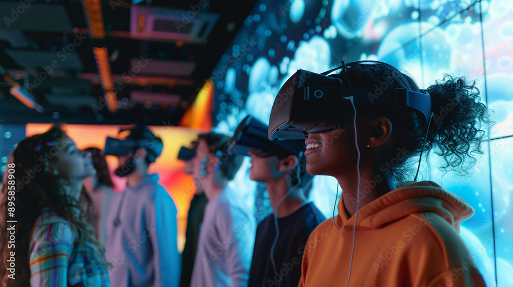 Group of young people from different cultures in VR activities, large screen showing VR features, Group of young people from different cultures in VR activities, large screen showing VR features,
