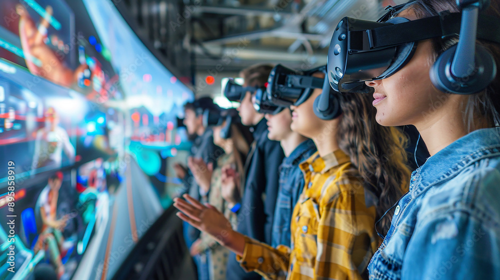Group of young adults from various nationalities in VR activities, big screen with VR content, Group of young adults from various nationalities in VR activities, big screen with VR content,