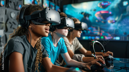 Diverse youth enjoying VR technology, large monitor focusing on VR functionalities, photo