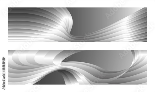 Monochrome cover design, abstract background. Wavy silver parallel gradient lines, ribbons, silk. Set of 2 backgrounds. Black and white with shades of gray banner, poster. eps vector