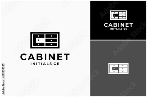 Initial Letter CE Cabinet Drawer Table Furniture Home Decor Interior Vector Logo Design Illustration