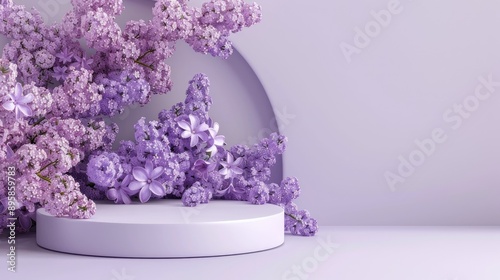 3D podium with lilac flowers, perfect for spring-themed cosmetic product presentations in a floral setting