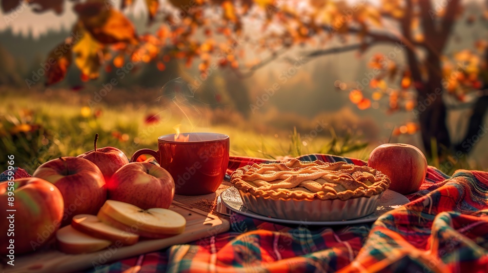 Autumn picnic in the park. Cozy blanket with apple pie, ripe apples and hot drink in red mug, against colorful autumn leaves background Autumn picnic in the park. Cozy blanket with apple pie, ripe apples and hot drink in red mug, against colorful autumn leaves background