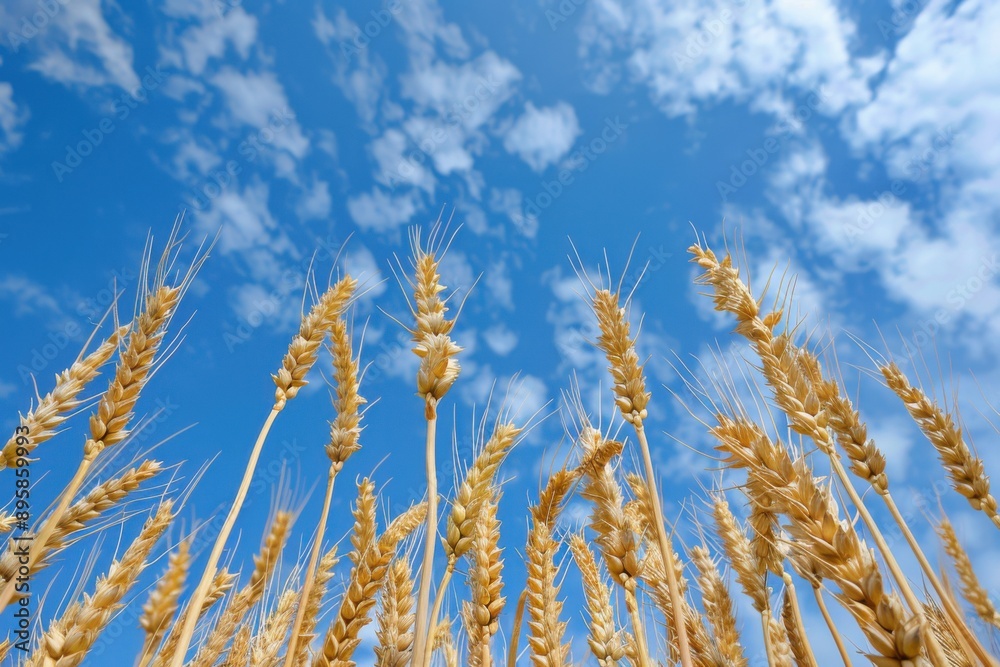 Wheat Crop. Looking up at the heads of the wheat crop against a blue sky in a farming landscape