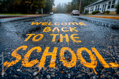 Wet Road With Welcome Back To School Signage. Back to the School concept photo