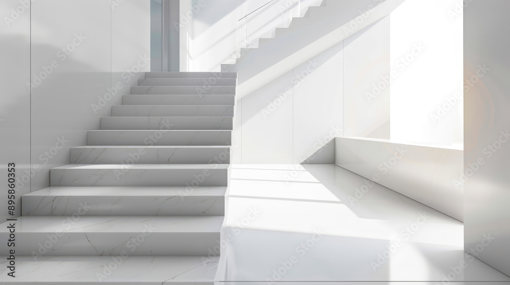 An elegant ambiance, a clean white marble staircase in a modern interior An elegant ambiance, a clean white marble staircase in a modern interior