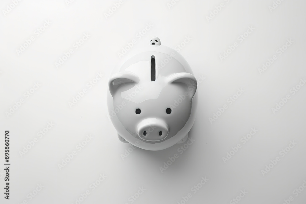 white piggy bank with money, top view on white background white piggy bank with money, top view on white background