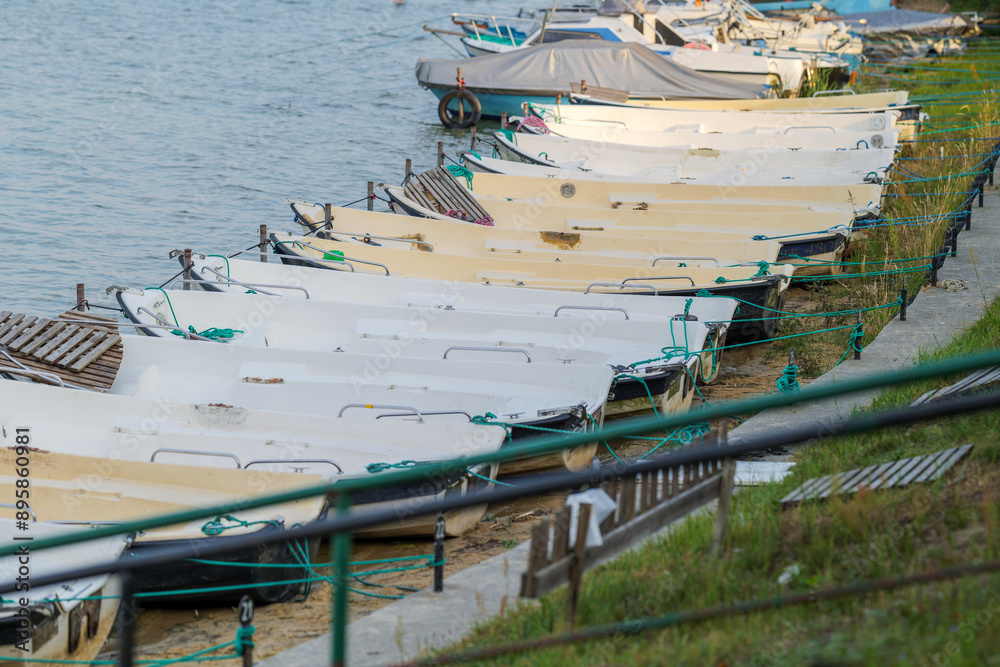 A row of empty boats moored on the lake.